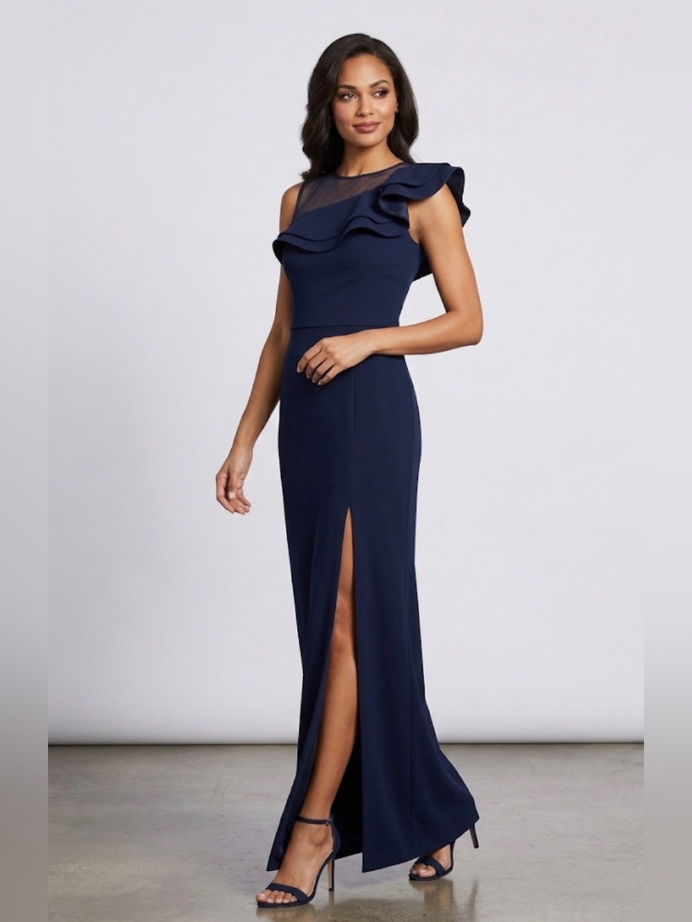 Ruffle One-Shoulder Maxi Dress in Navy